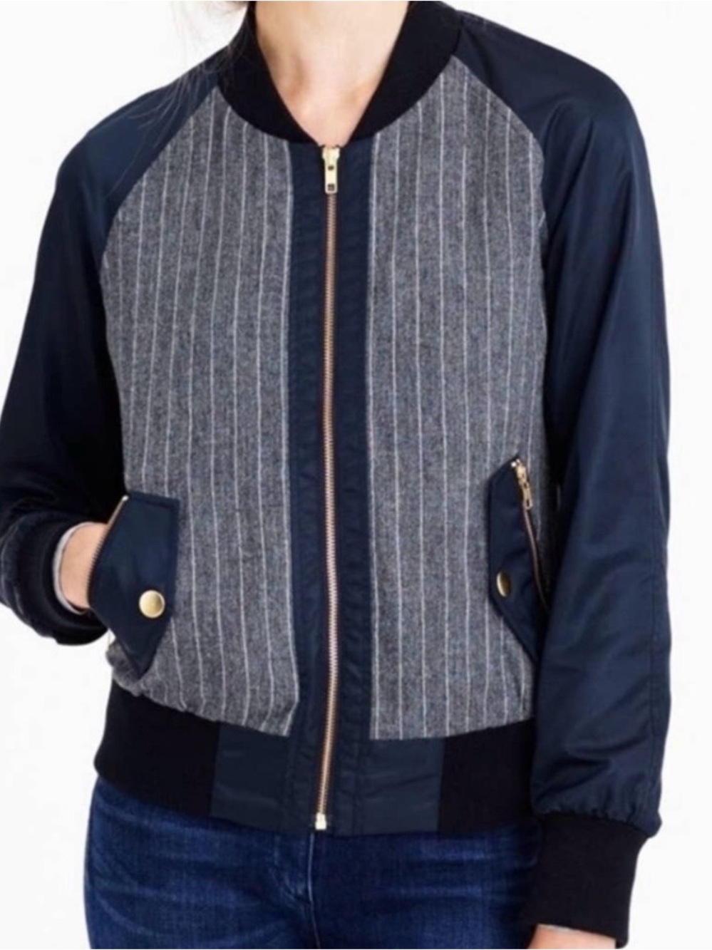 J.Crew Pinstripe Wool Blend Mixed Media Bomber Jacket Size L